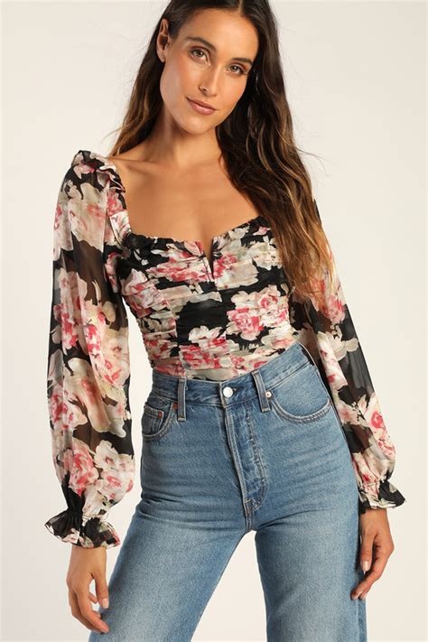 Black Floral Print Top Ruched Chiffon Top Long Sleeve Top Lulus