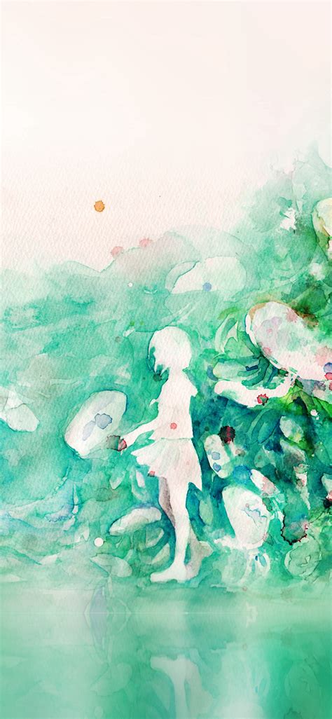 Watercolor Green Girl Nature Art Illust iPhone X Wallpapers Free Download