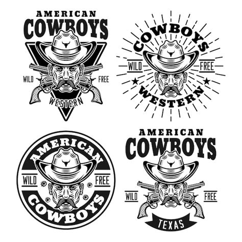 Premium Vector Cowboys And Wild West Set Of Four Vector Vintage Emblems Labels Badges Or Logos