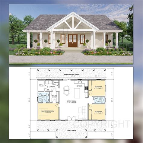 Oak Springs House Construction Plans Open Plan Design Modern Farmhouse 3 Bed2 Bath 1500 Square