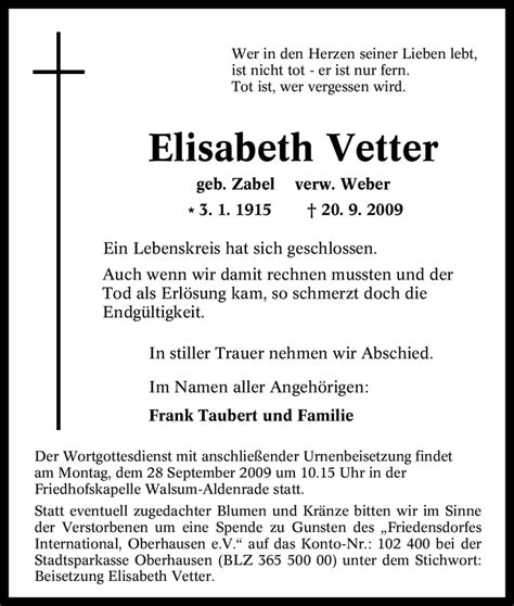 Traueranzeigen Von Elisabeth Vetter Trauer In Nrw De