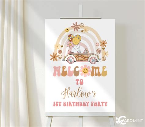 Editable Welcome Sign Groovy Party Sign Rainbow Birthday Poster