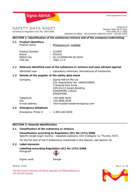 MSDS Potassium Iodide SIGALD 221945 Page 1 Of 10 The Life Science