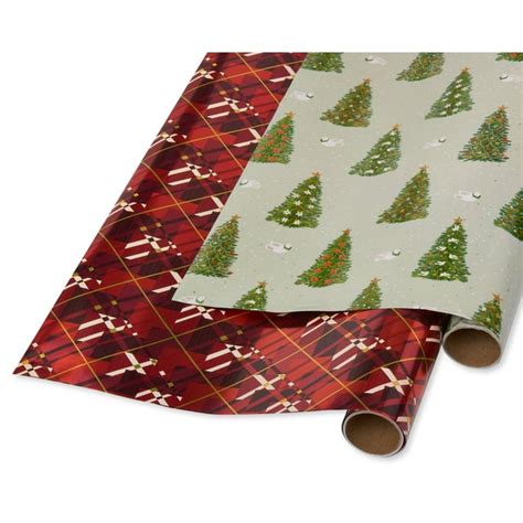 Papyrus Christmas Wrapping Paper Pine Trees And Doves And Red Argyle