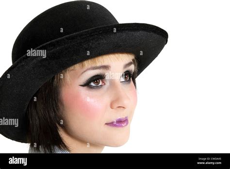 Close Up Of Young Woman Wearing Hat Over White Background Stock Photo