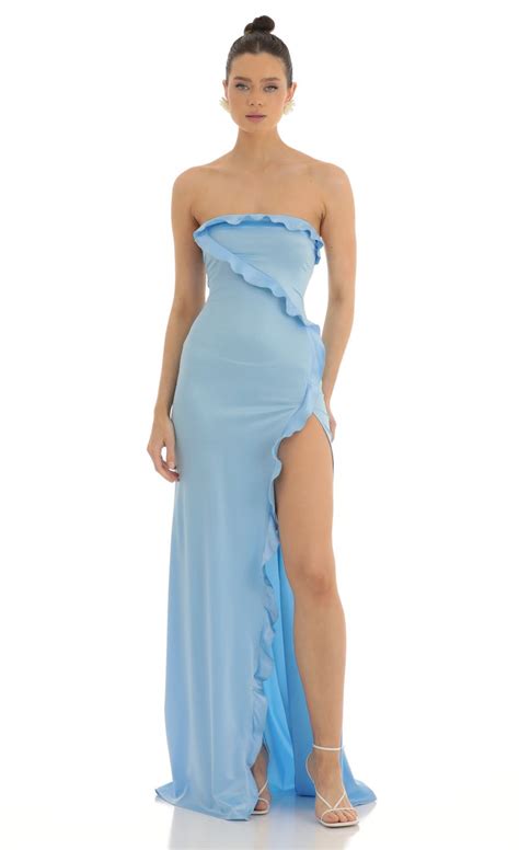 Annabel Strapless Satin Maxi Dress In Blue Lucy In The Sky