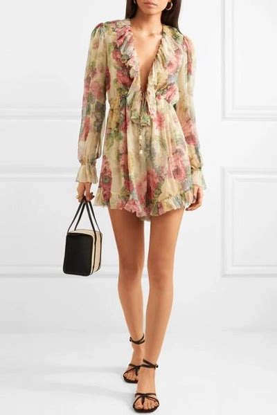 Zimmermann Melody Floating Ruffled Floral Print Silk Crepon Playsuit In