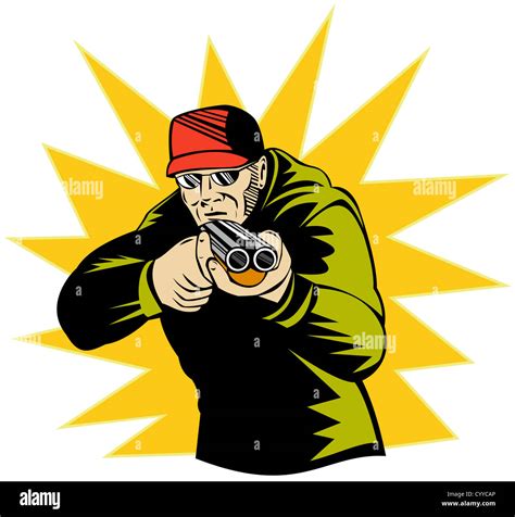 Illustration Of A Hunter Aiming Shotgun Rifle Gun Done In Retro Style