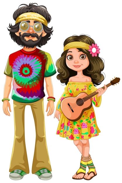 Free Vector Groovy Hippie Duo With Guitar Illustration