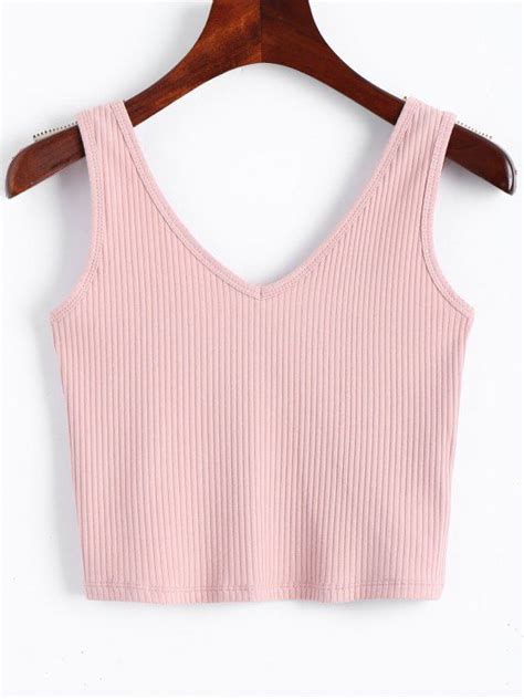 Off V Neck Knitted Cropped Tank Top In Pink Zaful