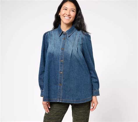 Logo By Lori Goldstein Denim Shirt Jacket With Pintuck Detail Qvc