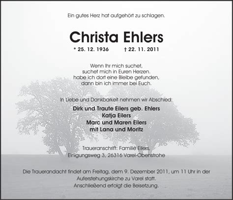 Traueranzeigen Von Christa Ehlers Nordwest Trauer De