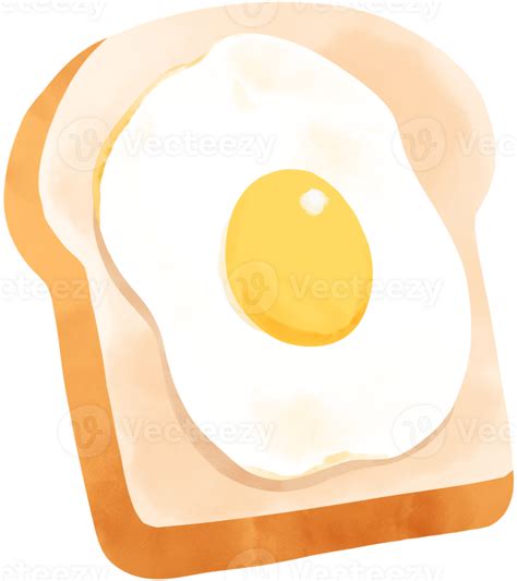 Cute Breakfast Fried Egg On Bread Toast Cartoon Illustration Watercolor