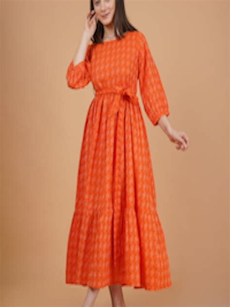 Buy Indianic Ethnic Print Puff Sleeves Tiered Cotton A Line Midi Dress