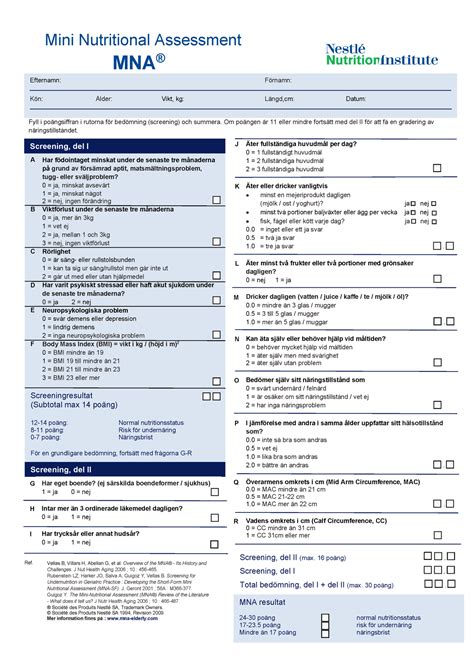 Mna Swedish Mini Nutritional Assessment Mna ® Fyll I Poängsiffran I