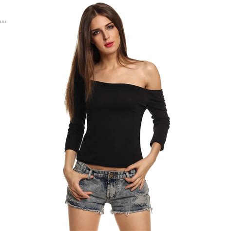 Women Off Shoulder Top 2016 Summer Sexy Slash Neck Long Sleeve Shirt