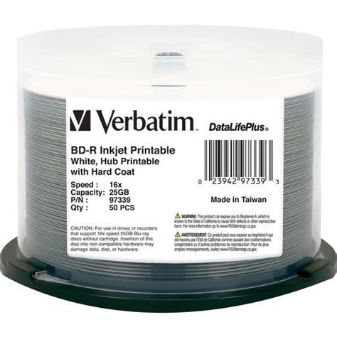 Verbatim BD R Blu Ray 25GB DataLifePlus 16x White Inkjet 97339