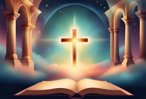 A Heavenly Illustration Of A Christian Cross Glowing With Open Holy Book Bible Generative Ai