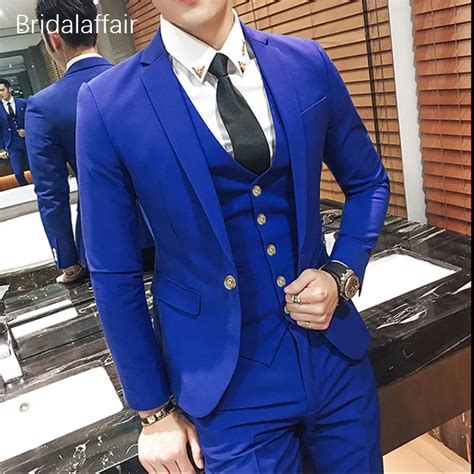 Kuson Royal Blue Men Suit 3pcs 2018 Formal Suit Mens Prom Wedding Bridegroom Tuxedos Slim Fit