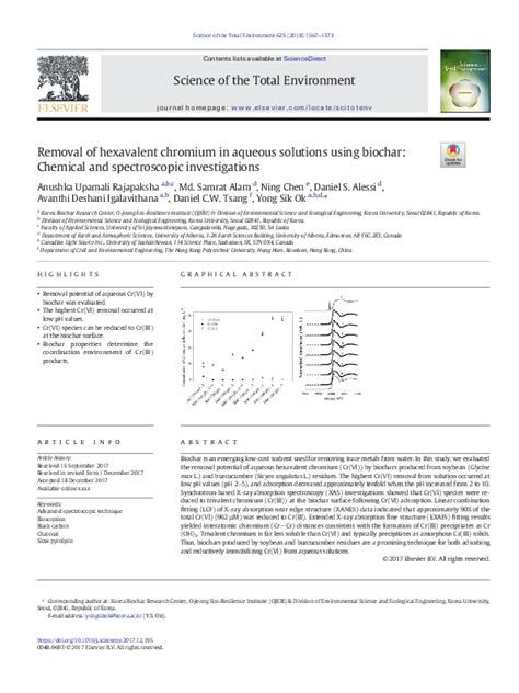 Pdf Removal Of Hexavalent Chromium In Aqueous Solutions Using Biochar