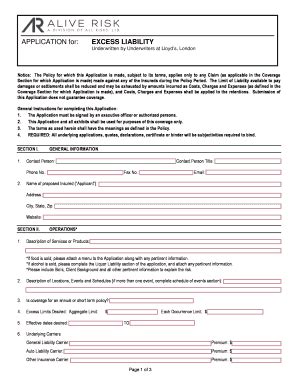 Fillable Online APPLICATION For EXCESS LIABILITY All Risks Ltd Fax