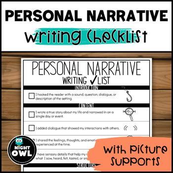 Personal Narrative Writing Checklist By Night Owl Tpt