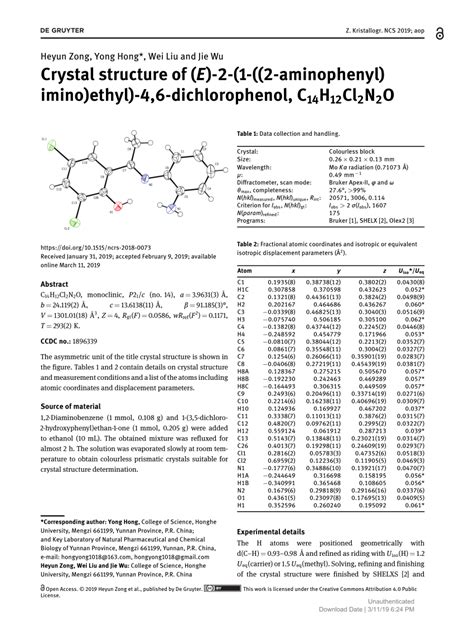 Pdf Crystal Structure Of E Aminophenyl Imino Ethyl