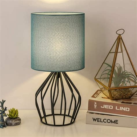 Modern Table Lamp - Small Nightstand Teal Lamp for Bedroom, Black Metal ...