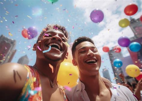 Feliz pareja gay celebrando en el desfile del orgullo lgbtq en nueva york ee uu celebración