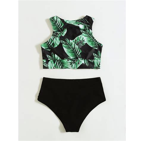 Womens Bikinis Sexy Tropical Leaves Print Top Solid Bottom High Waisted