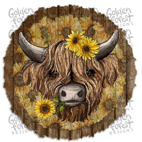 Highland Cow Rustic Sunflowers PNG Round Sublimation Design Etsy