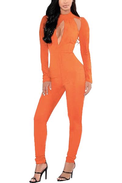 Sexy Round Neck Long Sleeves Hollow Out Orange Polyester One Piece Skinny Jumpsuitsjumpsuits