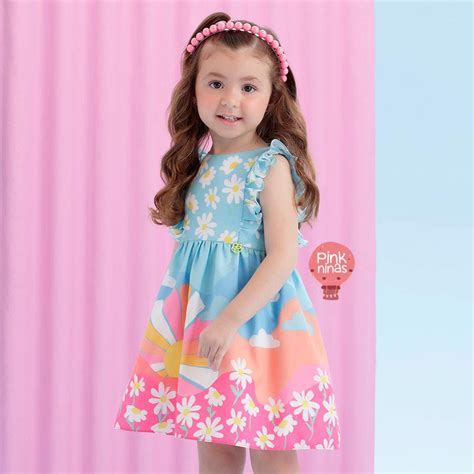 Vestido Infantil Azul E Multicolorido Mon Sucr Margaridas P R Do Sol