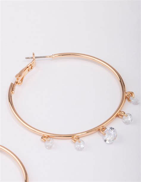 Gold Cubic Zirconia Dangle Hoop Earrings Lovisa