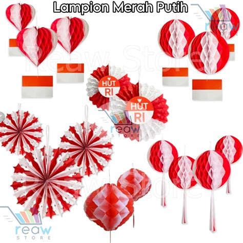 Jual Lampion Gantung Paperfan Honeycomb Merah Putih Hiasan Dekorasi