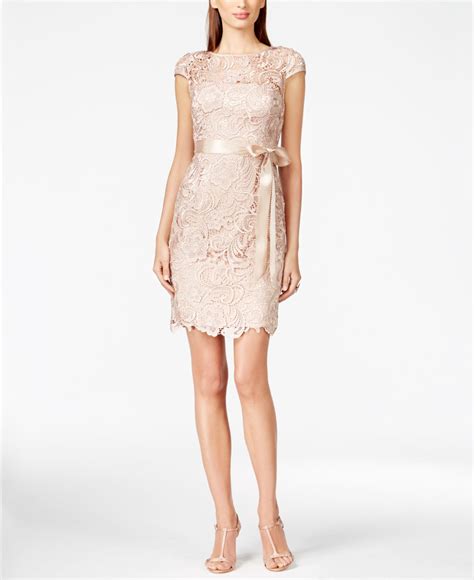 Adrianna Papell Lace Cap Sleeve Illusion Sheath Dress In Beige Silver