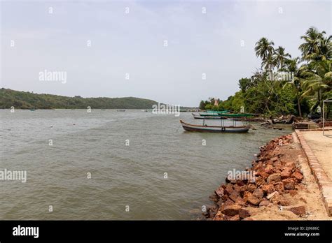 Boats anchored on Karli River for tourists as seen from Rivercoast Resort in Devbag, Malvan ...