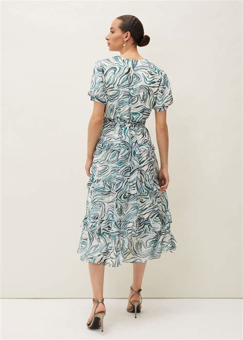 Iona Swirls Print Tiered Short Sleeved Midi Dress Phase Eight