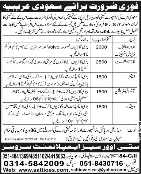 Technical Staff Required For Saudi Transport Company Saudi Arabia Pk