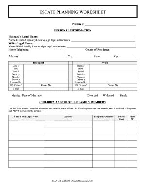 Fillable Online Estate Planning Worksheet Reap Florida Retirement And