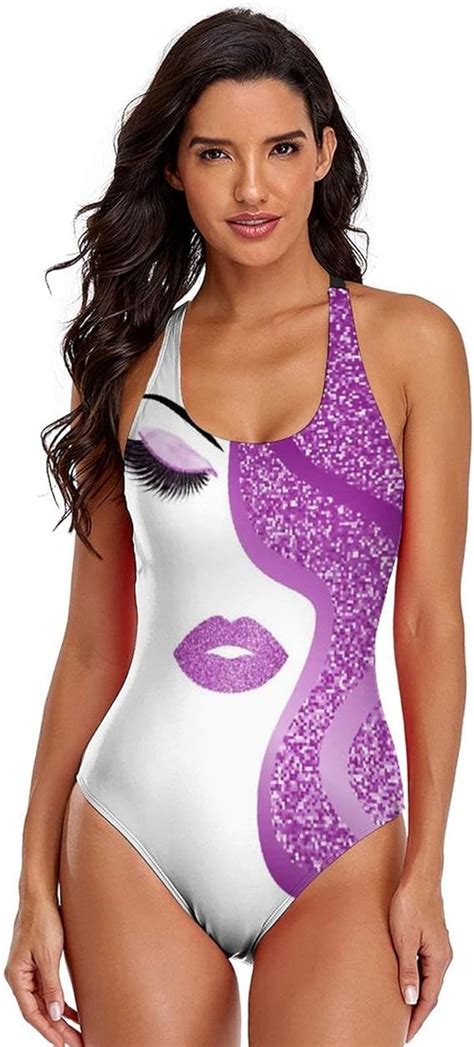 Autingg Womens One Piece Swimsuit Purple Glitter Woman Art High