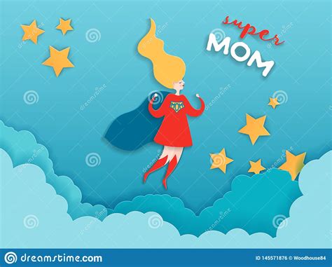 Mothers Day Greeting Card In Paper Cut Style Super Mom Character In