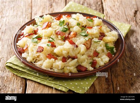 Tasty Slovak Potato Dumplings Halusky With Steamed Sauerkraut Closeup