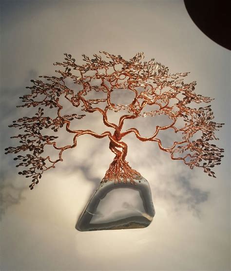 Sculpture Arbre de vie en cuivre et céramique sur géode d Agate