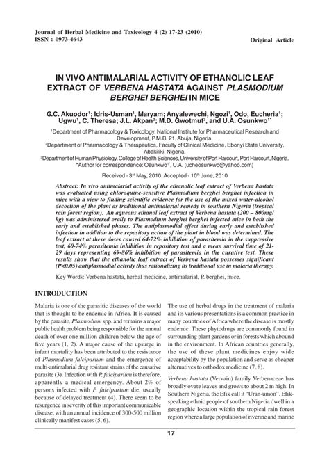 Pdf Invivo Antimalarial Activity Of Ethanolic Leaf Extract Of Verbena