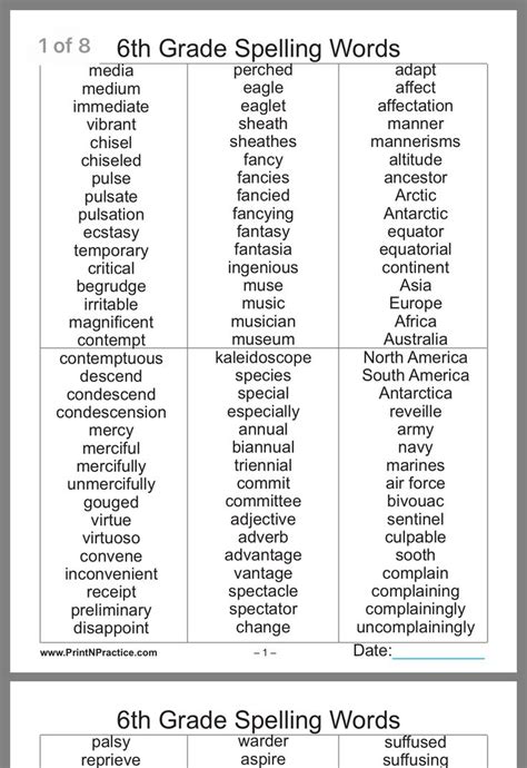 Home Spelling Words 6th Grade