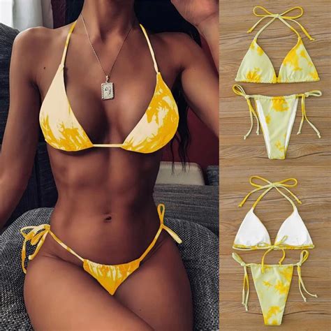 Buy Women S Sexy Tie Dye Lace Up High Cut Leg Halter Bikini Set Two