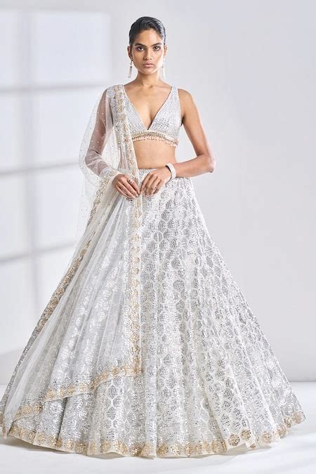 Buy Silver Net Embroidered Sequins Plunge V Neck Bridal Lehenga Set For