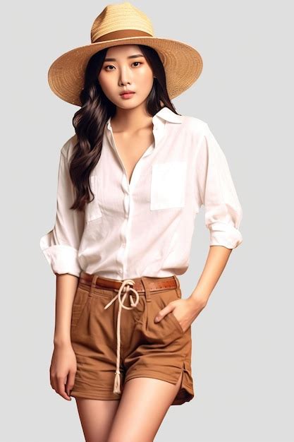 Premium Photo Women Wearing Brown Shorts And White Cloth With A Straw Hat