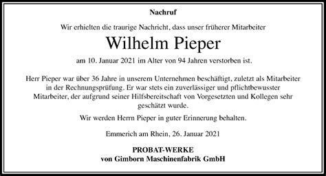 Alle Traueranzeigen F R Wilhelm Pieper Trauer Rp Online De